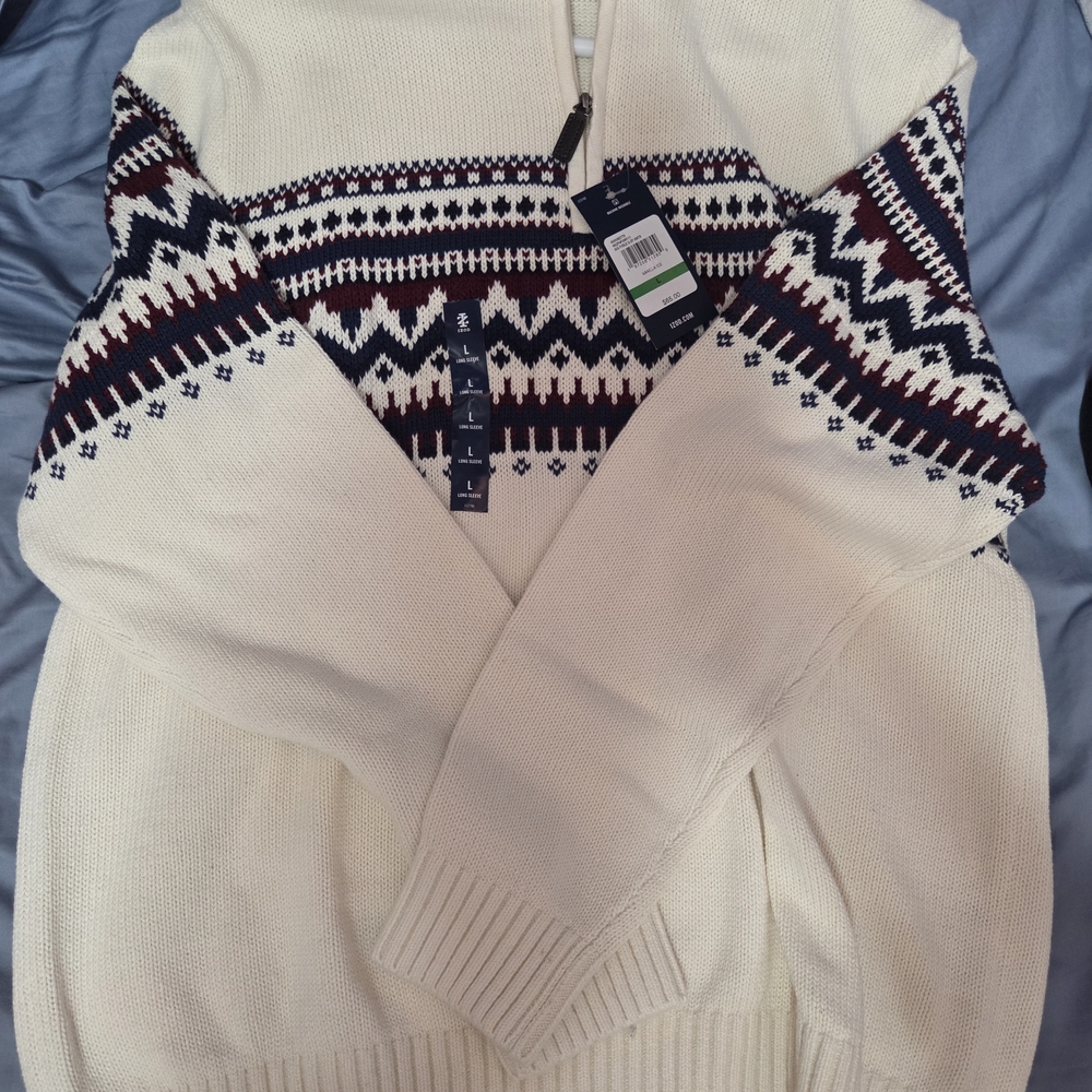Izod Cream and Navy Patterned Quarter Zip Sweater